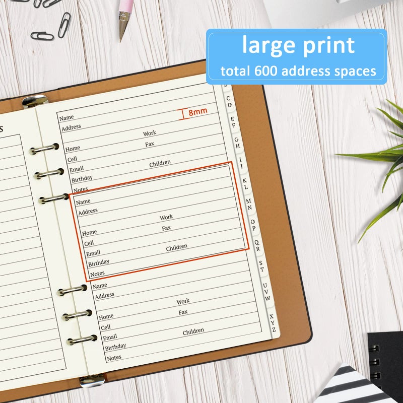 suituts Refillable Address Book with Alphabetical Tabs  600 Entry Spaces Large Print Contact Address/Phone Books  PU Leather Hardcover A5 6 Ring Address Book Binder for Senior Home Office - Image 3